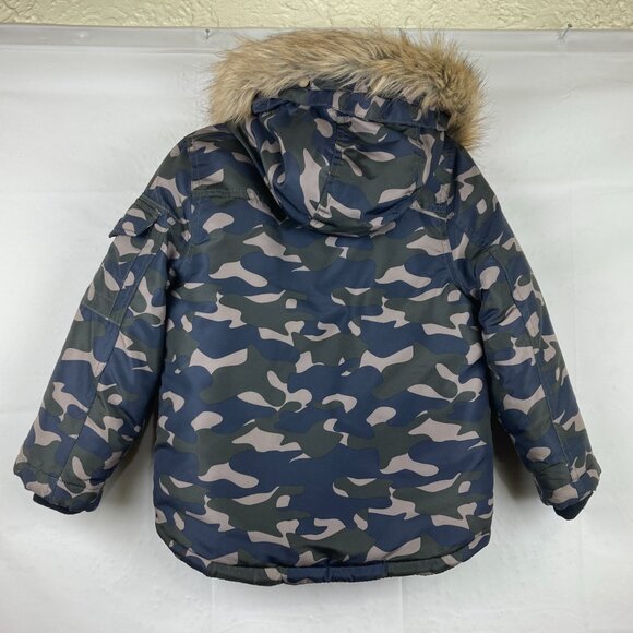 London Fog Boys sz 5 / 6 Camo Hooded Removable Faux Fur Winter Jacket - Picture 10 of 11
